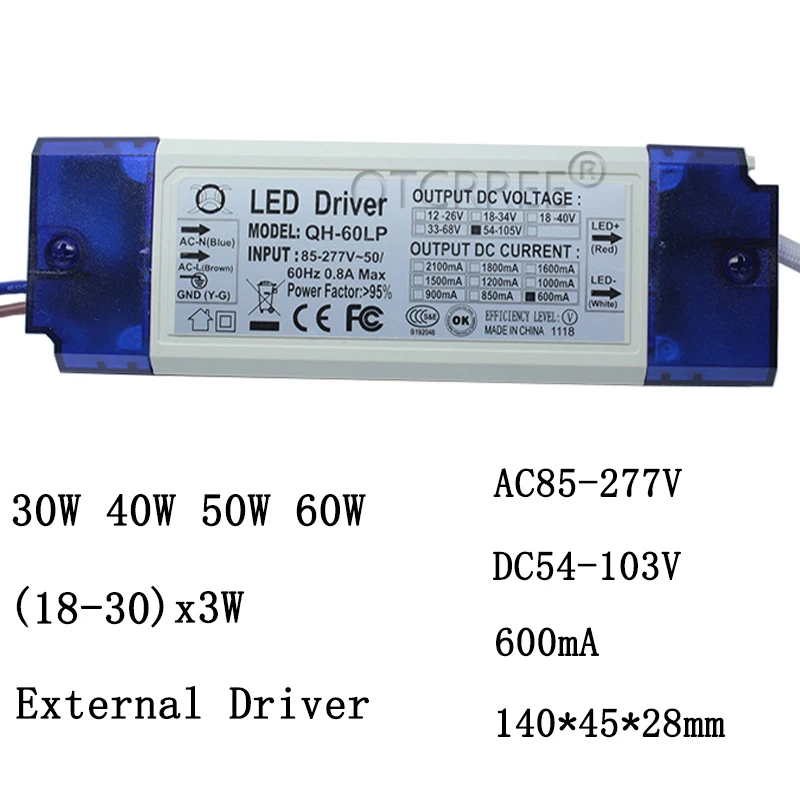 High PF Constant Current LED Driver 600mA 3W 10W 20W 30W 40W 50W 60W1-2x3w 6-10x3w 10-18x3w 18-30x3W Lamp Lighting Transformers