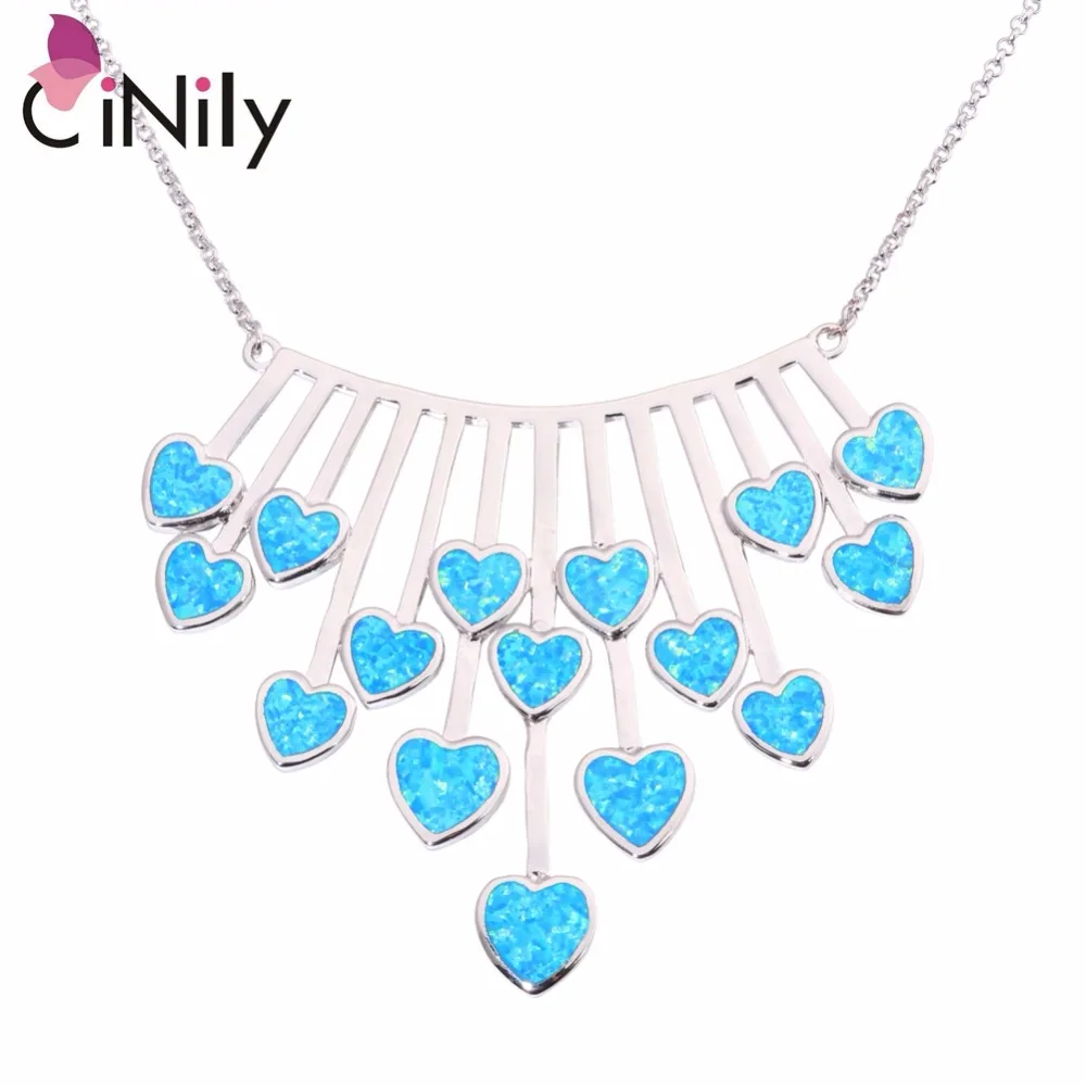 CiNily Cascading Glamour Blue Fire Opal Long Necklaces & Pendants Silver Plated Heart Love Luxury Cocktail Party Jewelry Woman