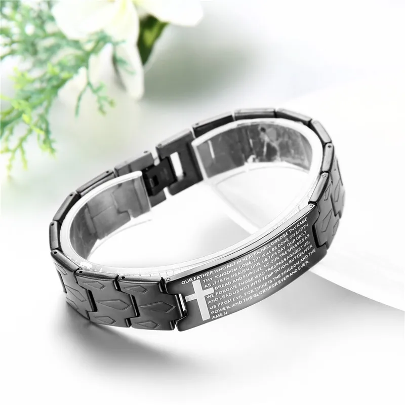 Boniskiss Black Stainless Steel Jesus Cross Bracelet Men Jewelry English Lord\'s Prayer Bracelets & Bangles 2020 Christmas Gift