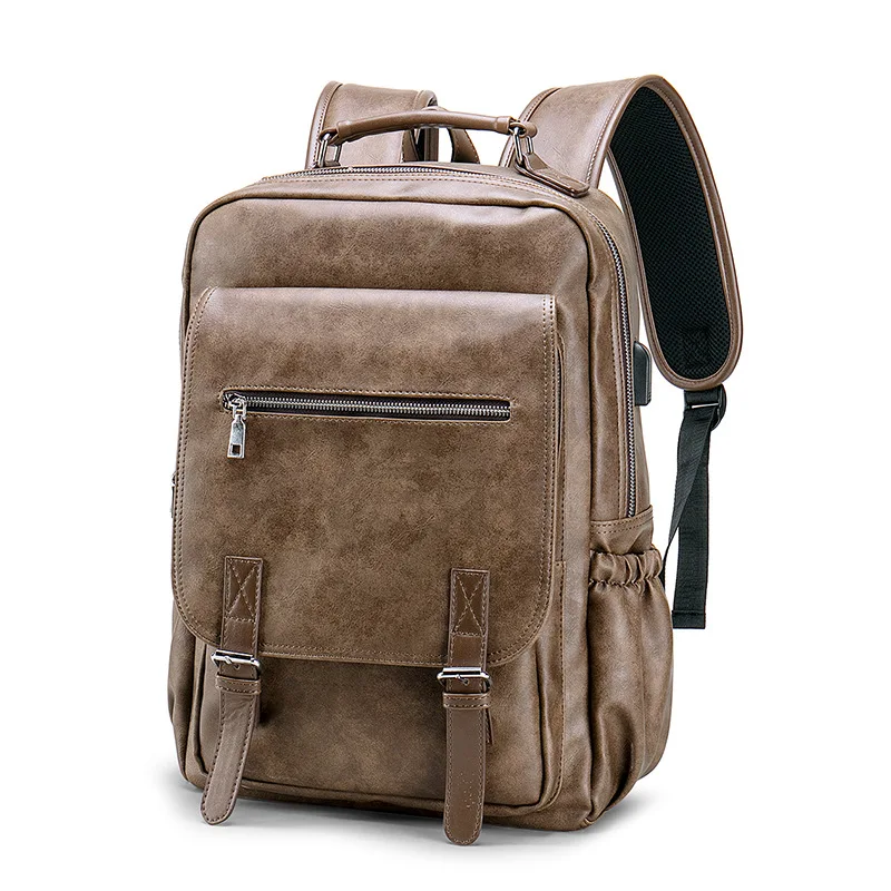 

Quality Leather Male New Men PU Leather 14inch Laptop Travel Book Backpack Mens Fashion Large Capacity Male Backpacks