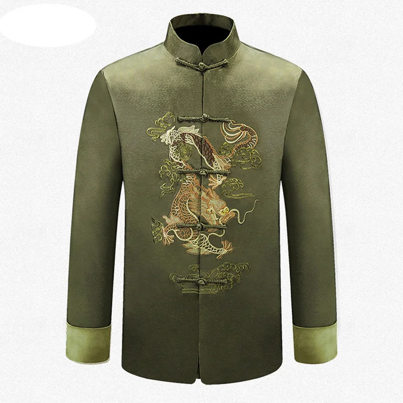 Green Jacket Chinese Traditional Outerwear Men's Embroider dragon Kung Fu Jackets Coats M L XL XXL 3XL MTJ201506