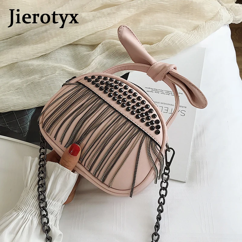 JIEROTYX Rivet Women Handbag Leather Should Bag Lovely Tassel Chained Girls Shoulder Bags Fashion Leisure Handbags For Wonen