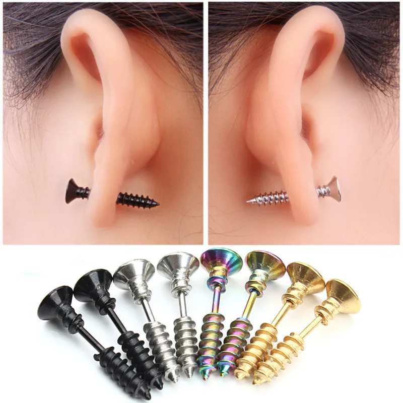 1Pcs Punk Fashion Gold Black Color Stainless Nail Screw Stud Earring for Women & Men Helix Ear Piercings Fashion Jewelry F3903