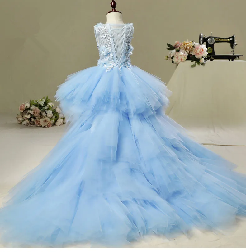 Light Blue Tulle Baby Girl Dresses For Party Princess Christening Newborn Birthday Gowns Appliques Infant Girl Baptism Vestidos