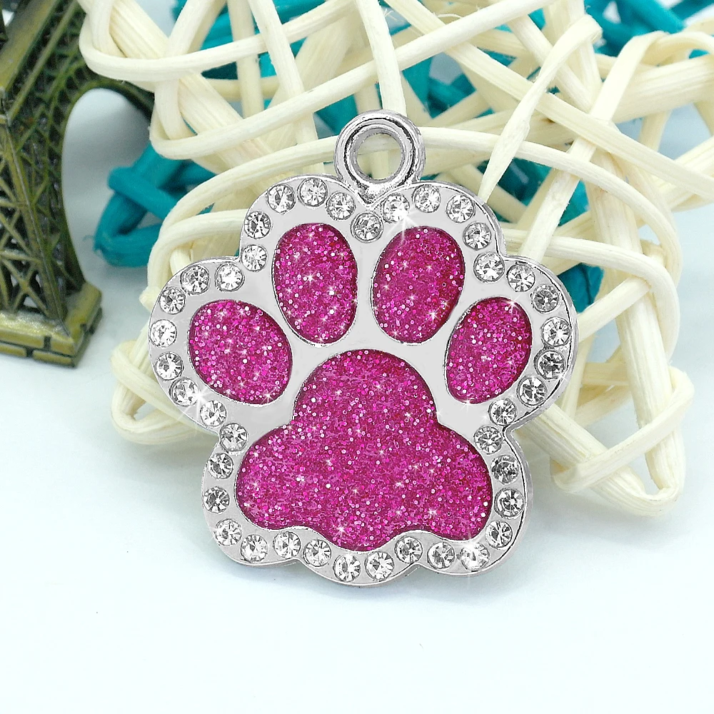 Glitter Cat ID Tag Pendant Personalized Kitten Puppy Name Tags Paw Shape Anti-lost Pet Nameplate Bling Rhinestone Free Gift Bell