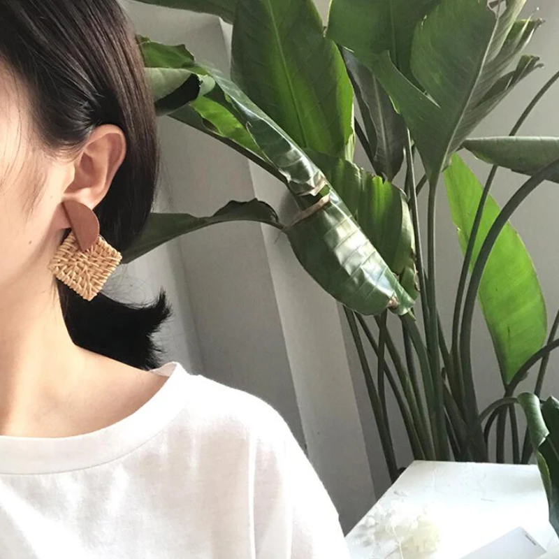 New Fashion Korea Handmade Geometric Wooden Big Hollow Out Square Rattan Straw Weave Drop Earrings for Women2019
