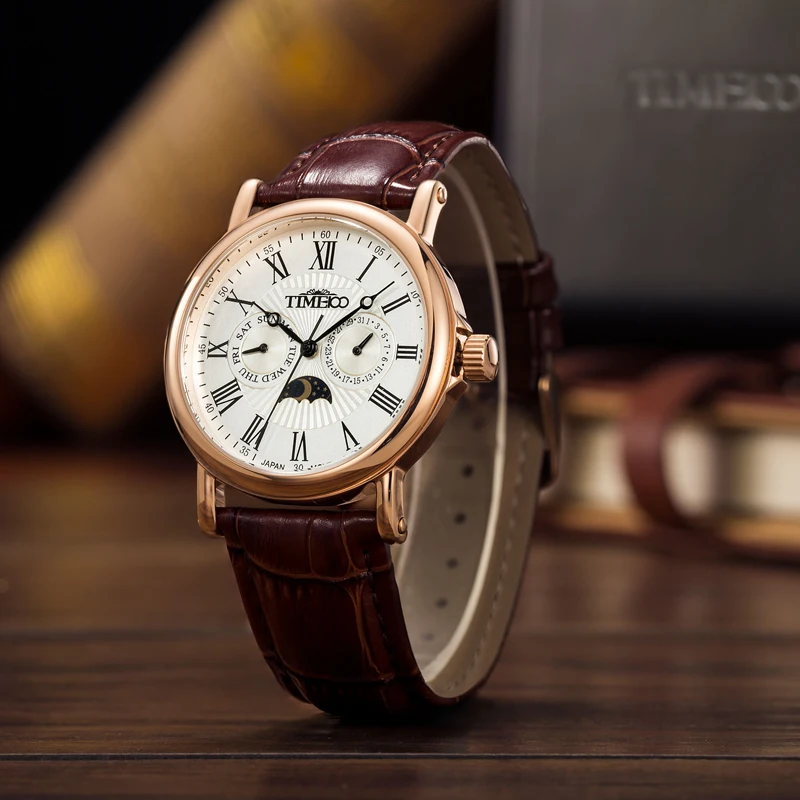 TIME100 Men Watches Quartz waterproof auto date sun Phase Leather Strap Business WristWatch stainless steel relogio masculino