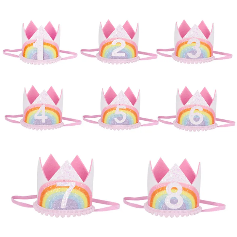 1Pcs Number Rainbow 1 2 3 4 5 6 7 8 Year Birthday Crown Headband Hat Boy Girl 1st Birthday Party Props Caps Anniversary Supplies