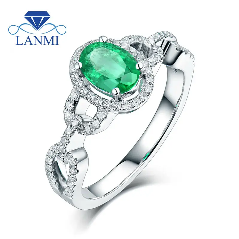 

LANMI Oval 5x7mm Natural Gemstone In Solid 14Kt White Gold Green Emerald Ring Diamond Jewelry for Women G090458