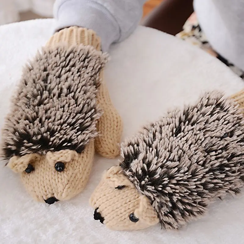 Womens Cartoon Hedgehog Gloves Thicken Winter Hand Warmer Knitted Wrist Mittens