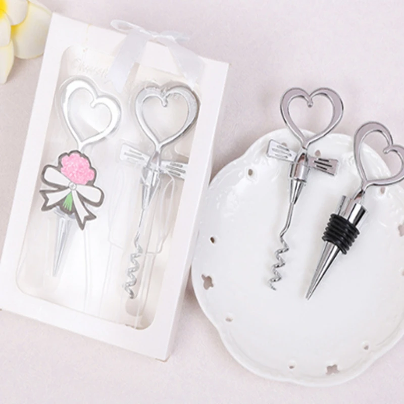 

80sets New Love Heart Corkscrew Wine Bottle Opener + Wine Stopper Wedding Gift Favors Bottle Opener Set Wedding Decoration