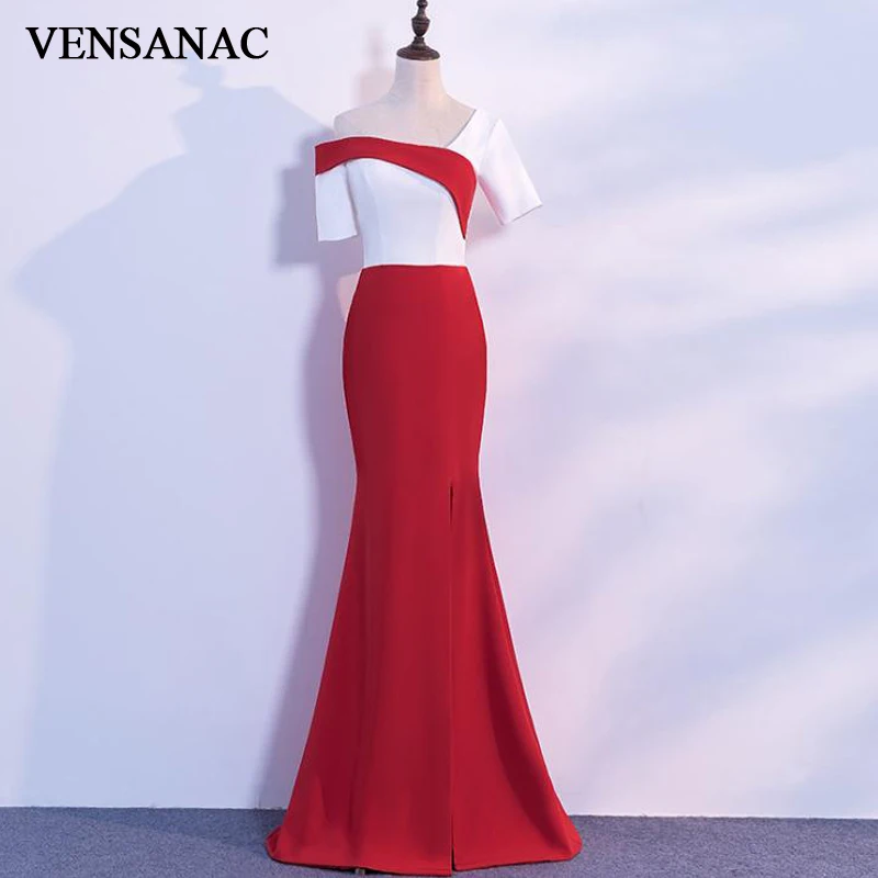 

VENSANAC 2018 One Shoulder Asymmetrical Short Sleeve Satin Long Mermaid Evening Dresses Mixed Color Party Prom Gowns