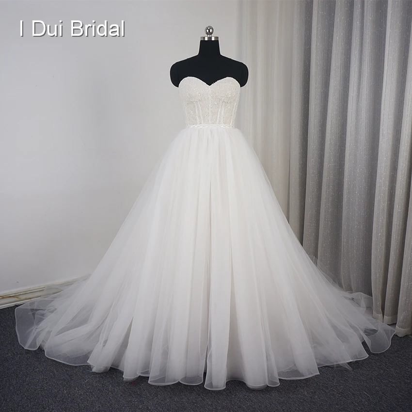 

Sweetheart Ball Gown Wedding Dress Tulle Layer Lace Corset Beaded Champagne Lining