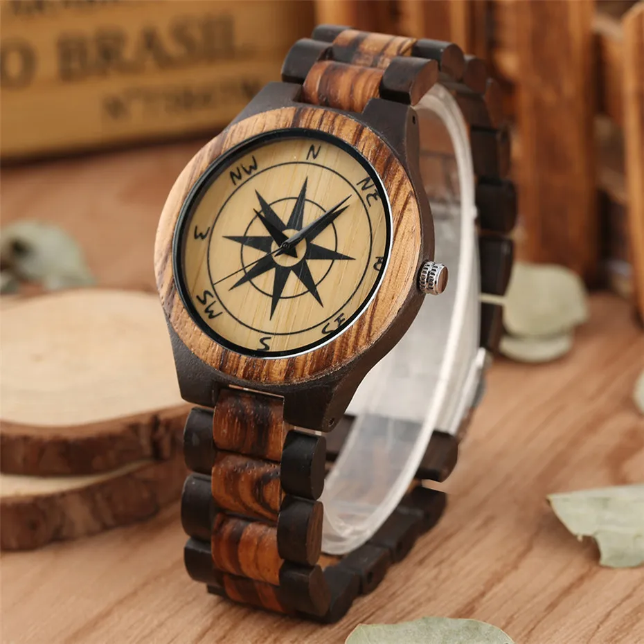 Stylish Compass Pattern Display Wood Watch Mens Watch Quartz Movement Solid Wooden Watchband Luxury Men's Timepiece New 2019