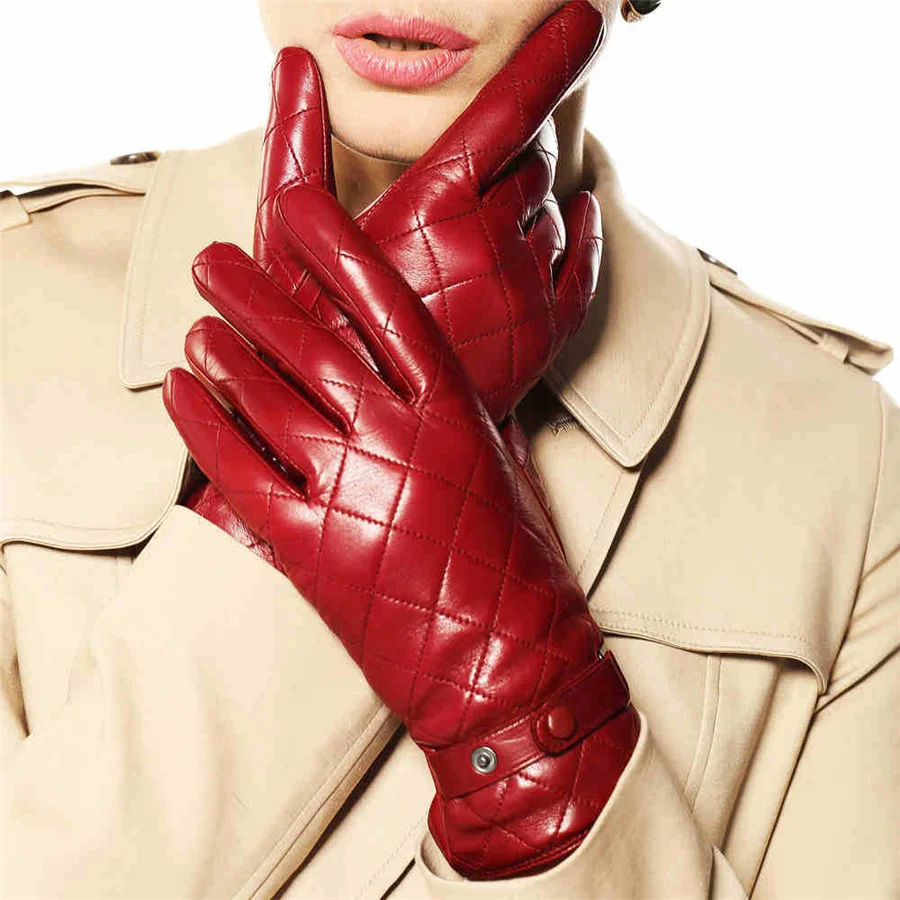 Women Genuine Leather Gloves For Women Winter Plus Velvet Diamond Female Goatskin Glove Top Fashion Driving Thermal L121NC