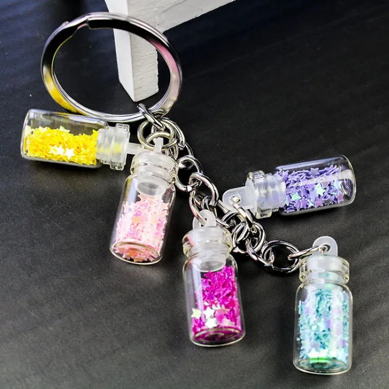 Cute Girls Drifting Bottle Bling Bling Stars Keychain For Women Bottle Charms Key Chains On Bags Trinket Jewelry Party Gifts