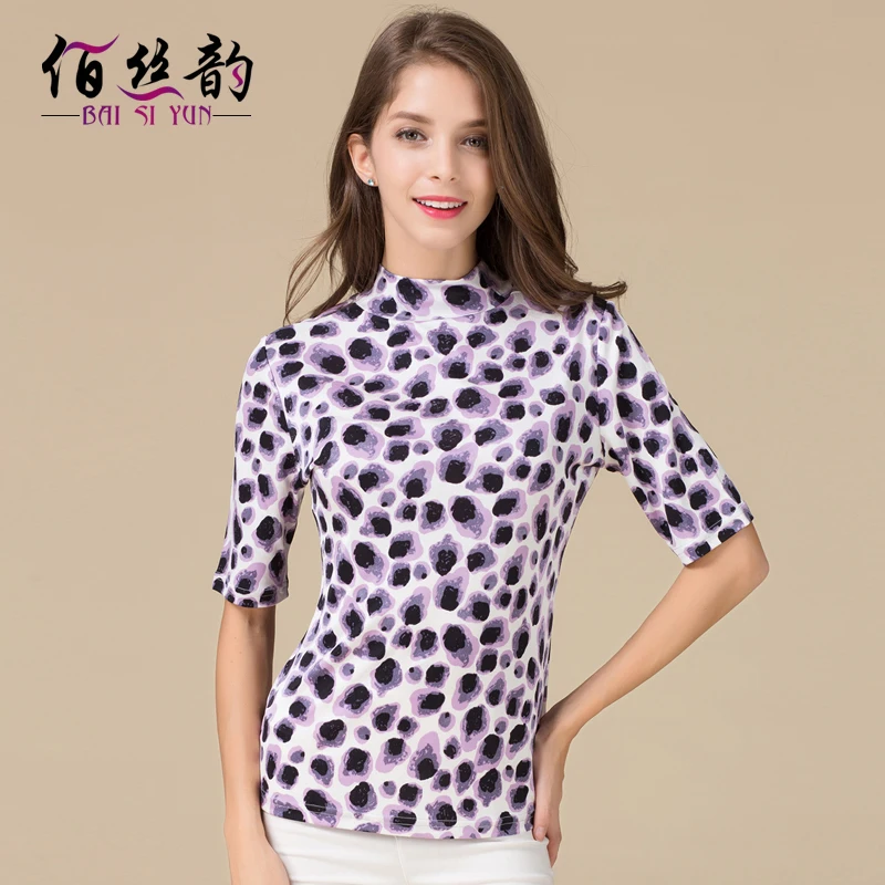 

100% real Silk Printing Half Sleeve T-shirt Turtleneck Silk Coat Sleeve Five Female Backing