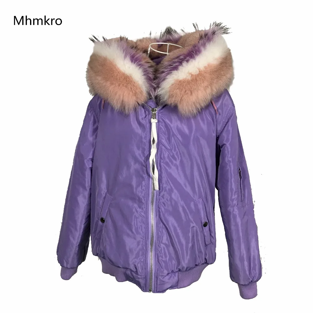 

Women Purple Nylon Shell Bomber Jacket With Rabbit Fur Lining And Popular Beautiful Raccoon Fur Collar Plus Size Coat