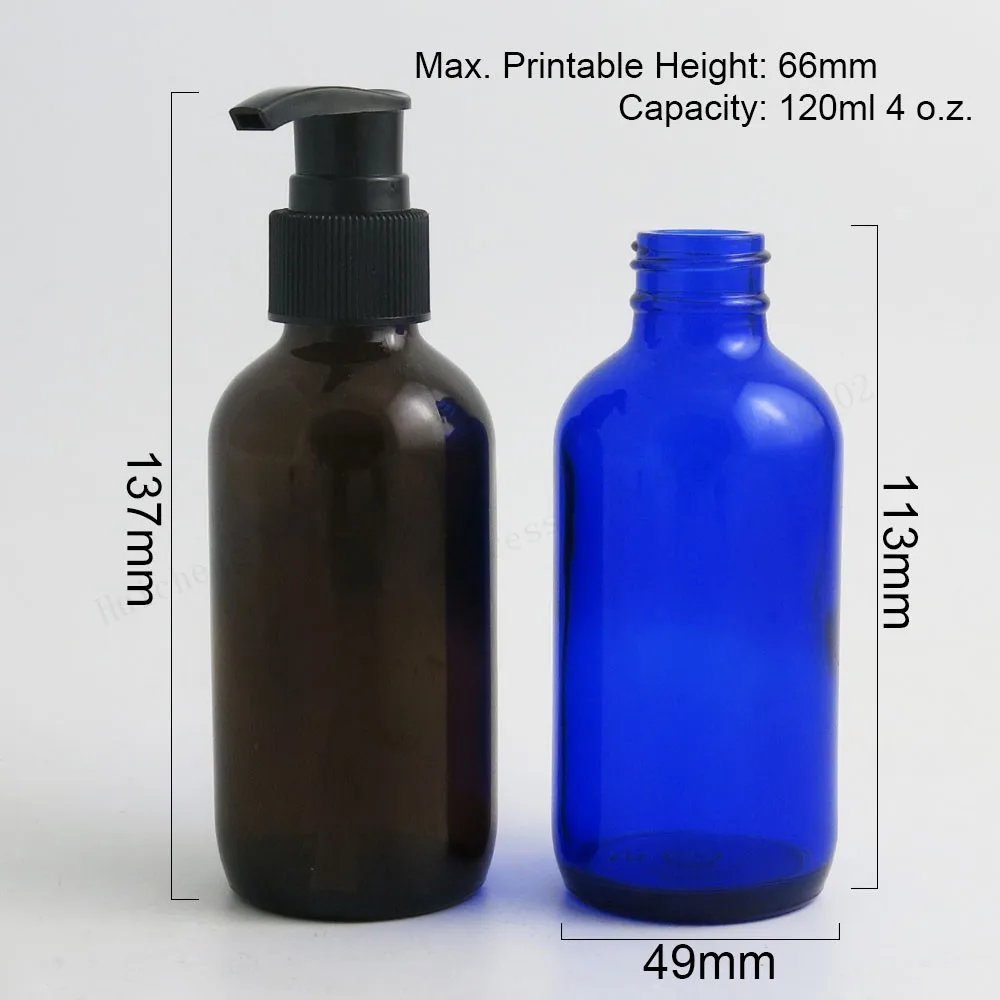 200 x 120ml Large Refillable 4oz Cobalt Blue Dark Amber Clear Glass Bottle With Black Lotion Pump Glass Liquied Glass Container