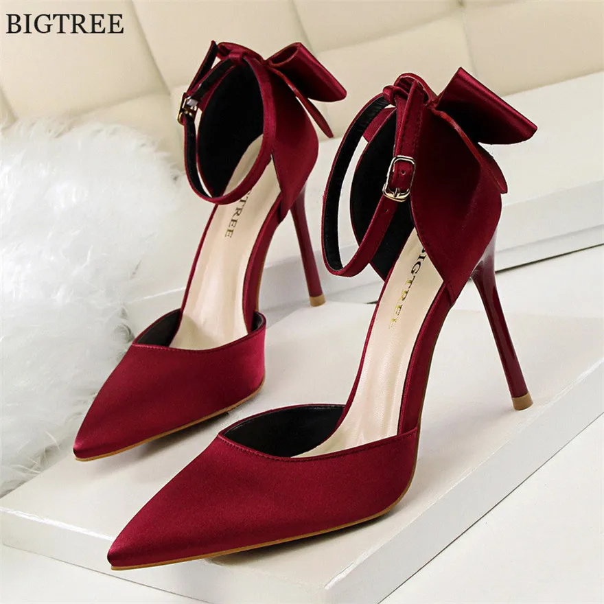 

Big Size 34-43 Sweet Bowtie Buckle Women Sandals Silk Shallow Fashion High Heels Shoes Sexy Pointy Toe Female Party Pumps Office