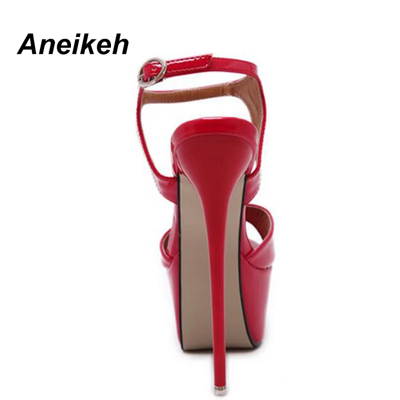 Aneikeh Hot Sales 2024 Summer Style Sexy 16cm Women Sandals High Heels Open Toe Buckles Nightclub Party Shoe Black Big Size 15