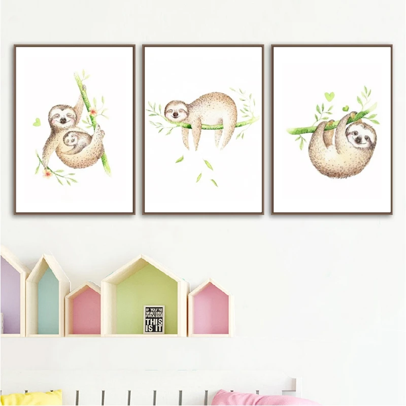 Sloth Woodland Animal Nursery Wall Art Canvas Painting Pictures Cute Animals Watercolor Posters Art Prints Children Room Decor