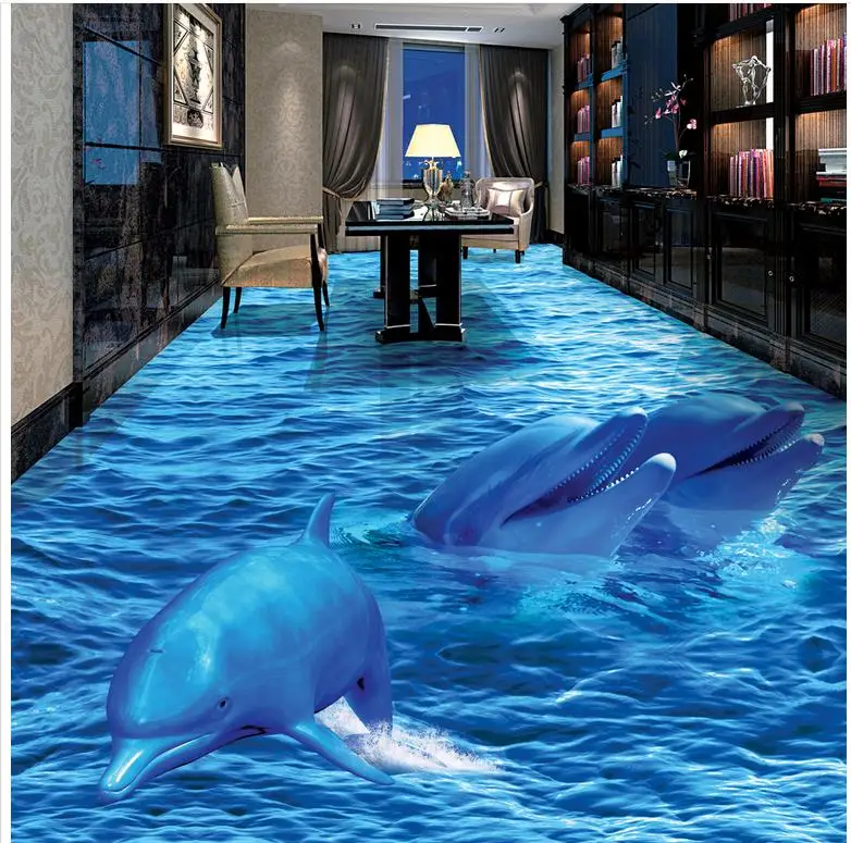 Custom Floor 3D Wallpaper Modern Art Self-adhesive PVC Wallpaper 3D Floor Dolphin Sea World Bathroom Living Room Floor Painting