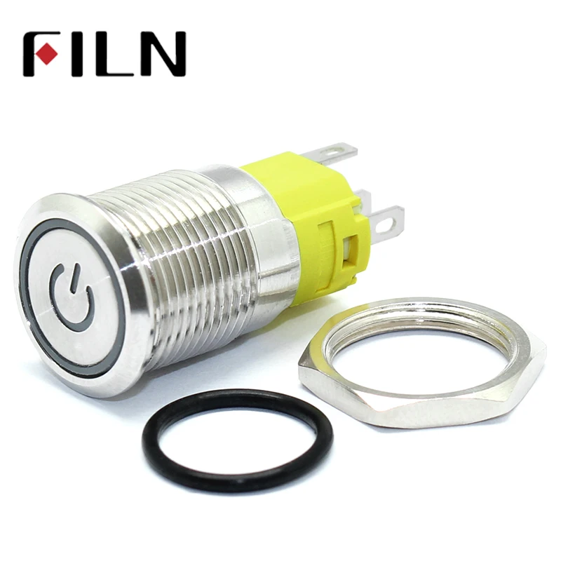 16mm 6V 12V 110V 220V LED Momentary Latching Stainless Steel anti vandal waterproof metal Push Button Switch with Power symbol