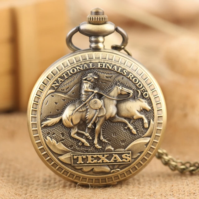 Brązowy amerykański Texas National Finals Rodeo Design Kwarcowy zegarek kieszonkowy Królewski brązowy naszyjnik Wisiorek Zegarek Zegar Prezenty dla mężczyzn Kobiety