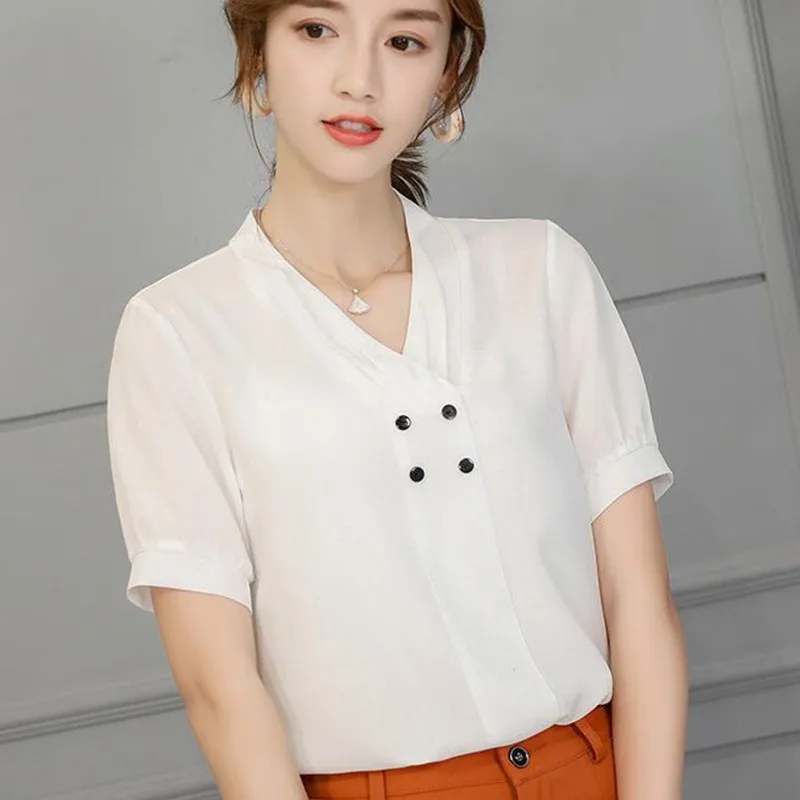 Baru Korea Chiffon Kemeja Fashion Wanita Warna Murni Lengan Pendek Kerah V Blus Wanita Musim Semi Musim Panas Tipis Kemeja Atas h9105