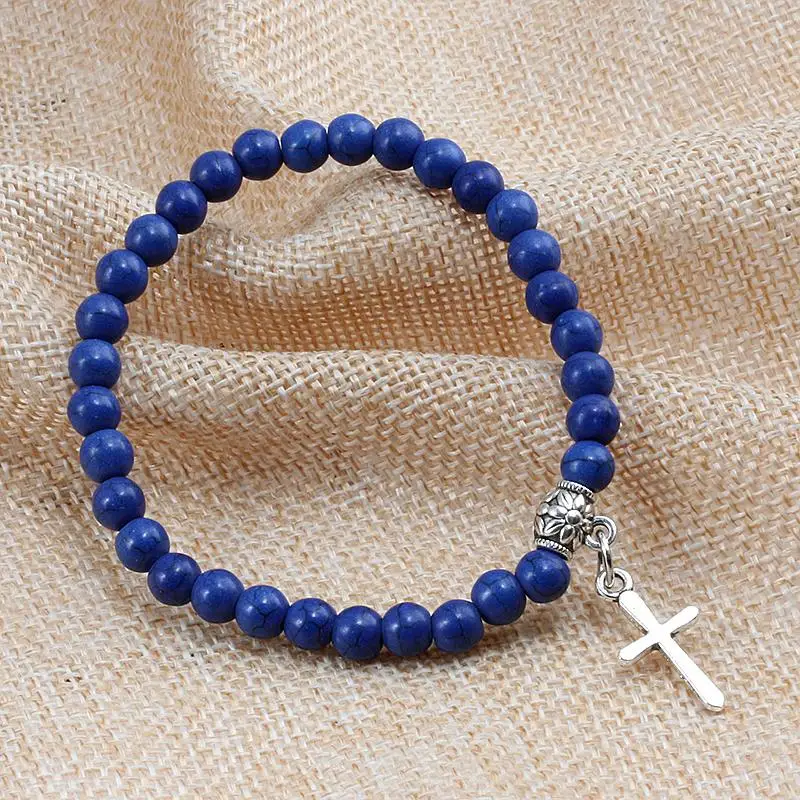 6mm Boho Natural Blue Beads Bracelet Men Cross Pendant Black Volcanic Stone Strand Bracelets for Women Charm Fashion Jewelry