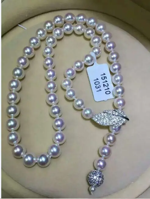 stunning 9-10mm AAA natural south sea white pearl necklace 24inch silver