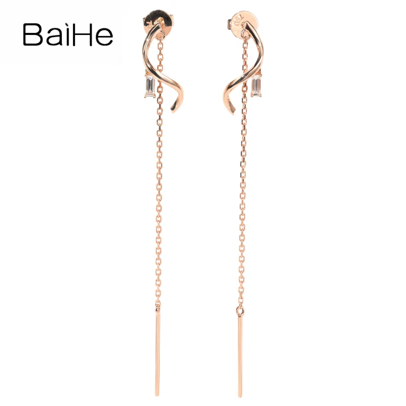 BAIHE Solid 18K Rose Gold 0.10ct H/SI Natural Diamond long Stud Earrings Women Ear Wire Engagement Trendy Fine Jewelry серьги