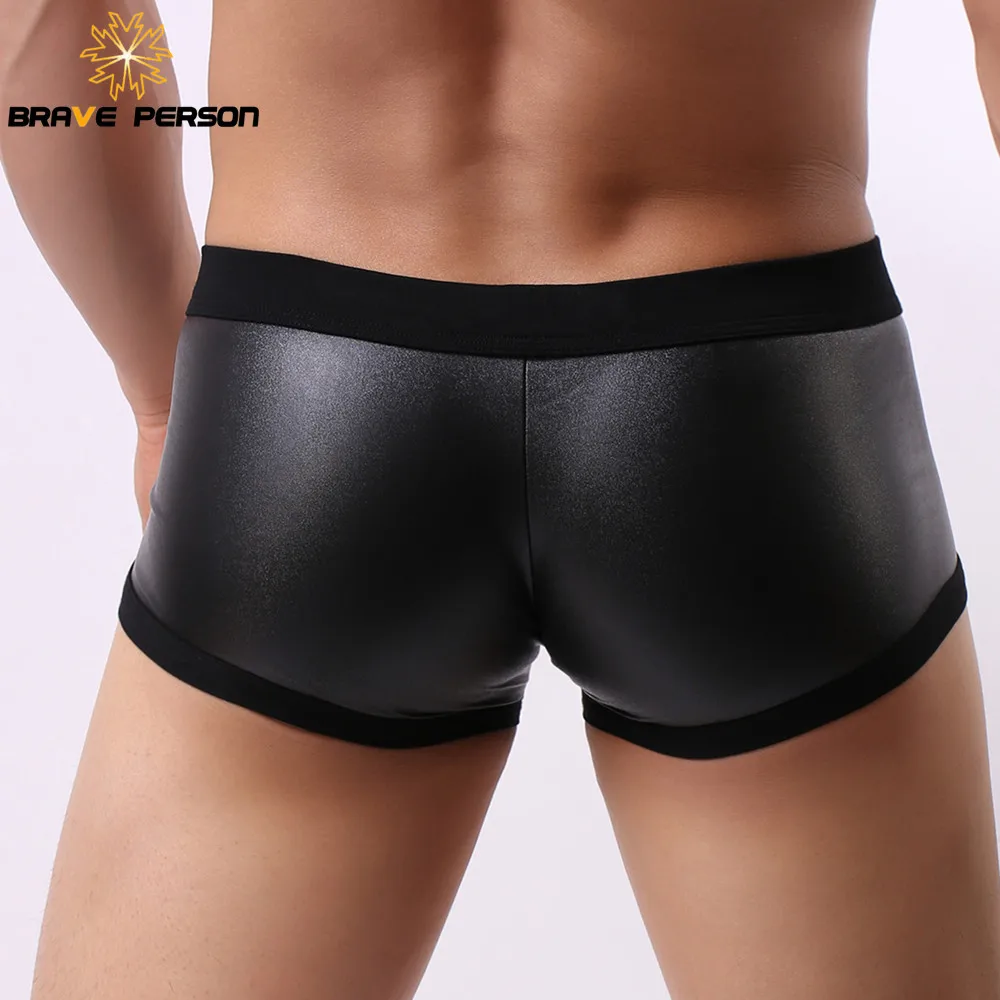 BRAVE PERSON Sexy Men Imitation Leather Boxers Shorts Underwear Men Underpants U Convex Pouch Boxer Shorts For Man