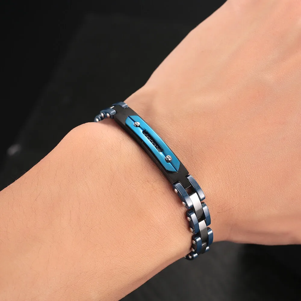 Moocare Stainless Steel Bracelet Cuff Blue Thin Metal with Ceramics Inlaid Zircon Wrist Hand Charm Chain For Male