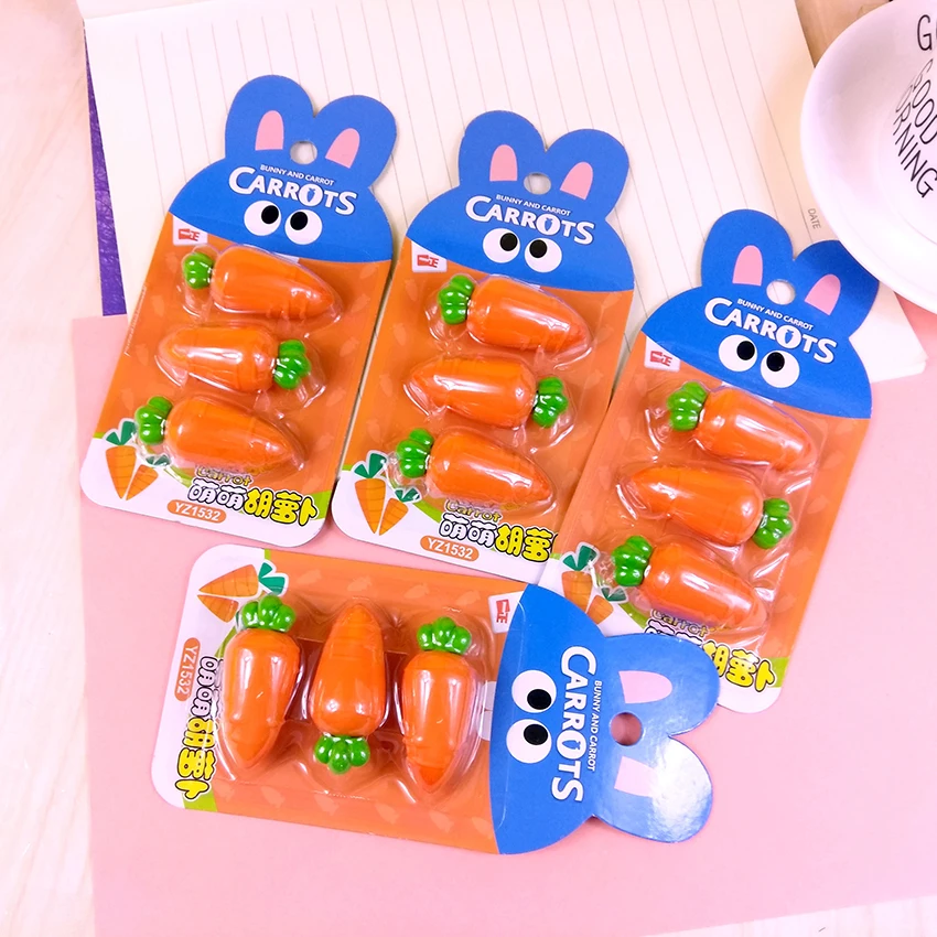 3 PCS/SET Cute Carrot Eraser Material PVC Eraser Korean Creative Cartoon Eraser for Pencil Painting, Writing Art School Supplies