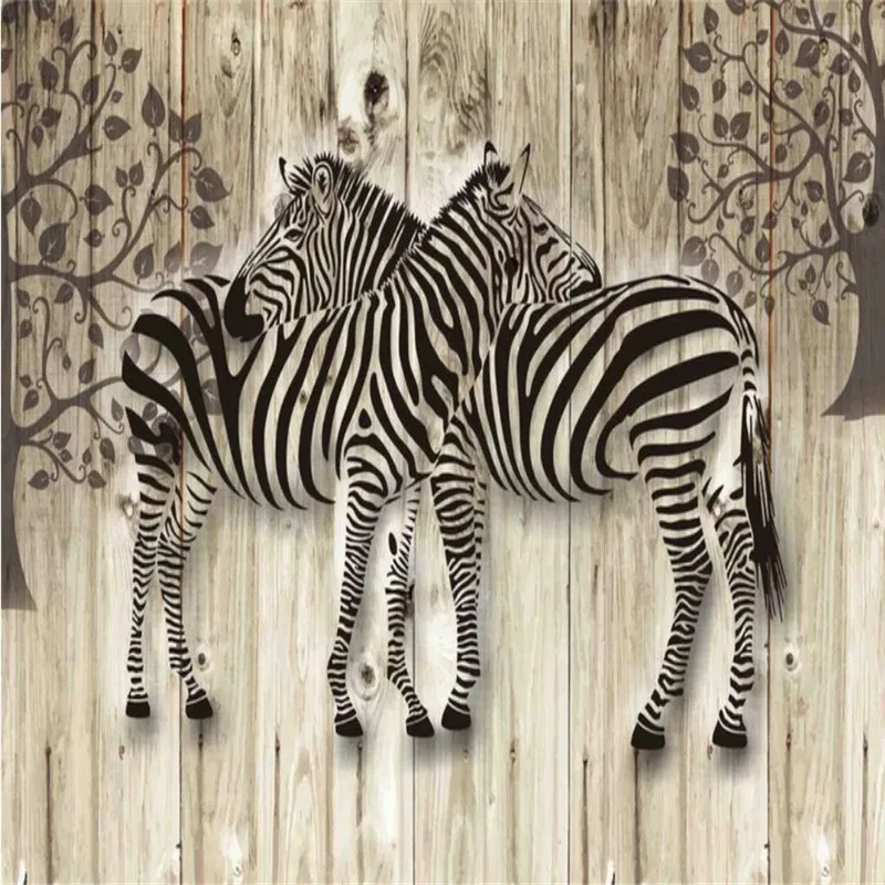 Custom Mural Wallpaper 3d Embossed Zebra Animal Art Wood Board Tv Background Wall