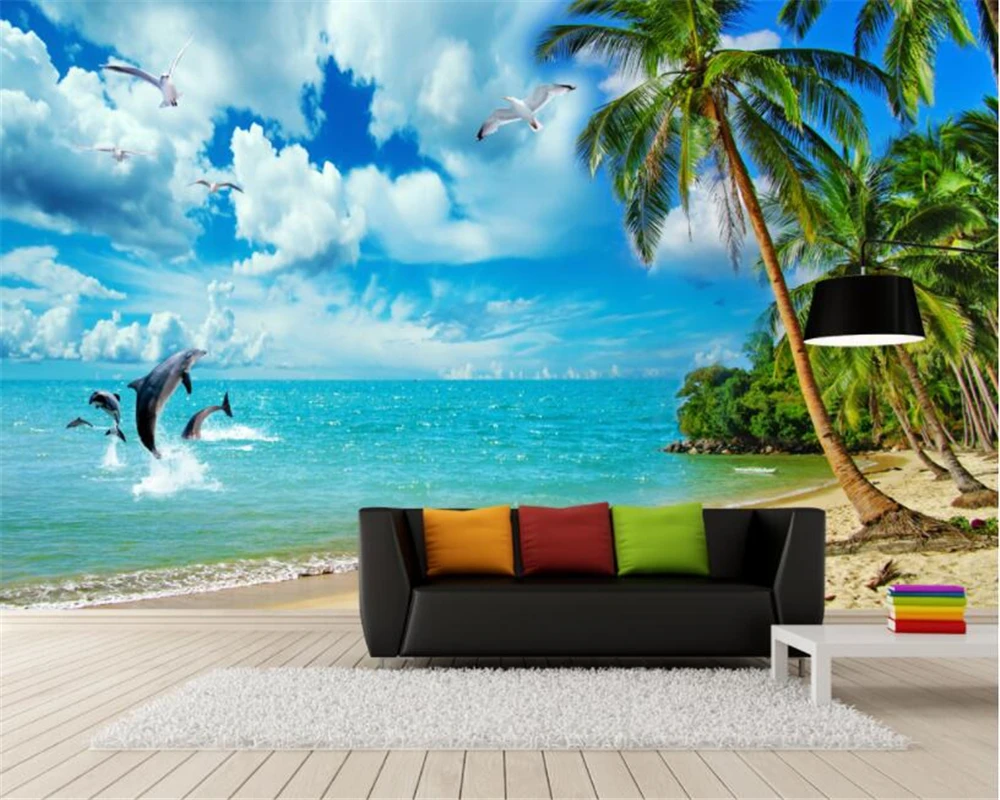 Beibehang Custom wallpaper Murals Three-dimensional Scenery Beach Coco Dolphin Mural Wall papel de parede 3d wallpaper behang