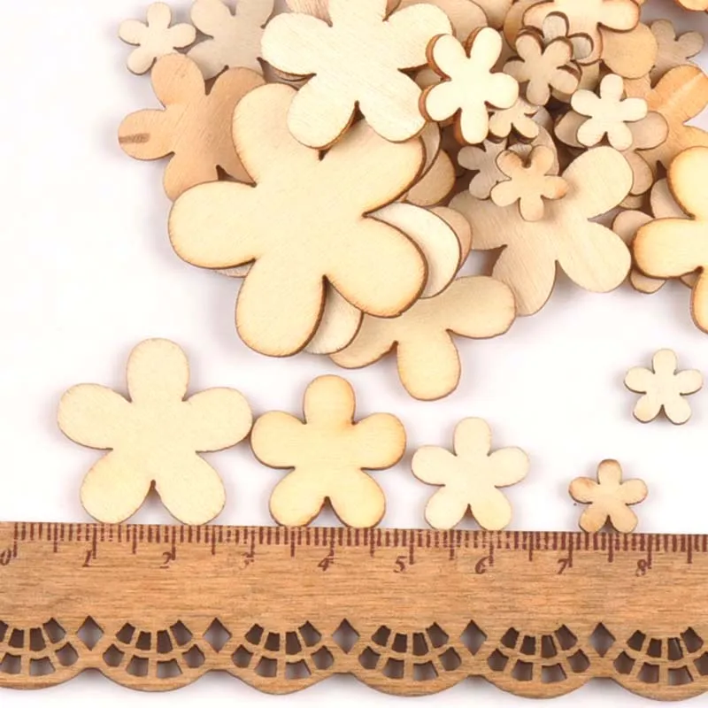 100pcs Natural Flower Wood DIY Crafts For Handmade Sewing Scrapbooking Home Decoration Wooden Ornament 15/20/25/35mm M0699