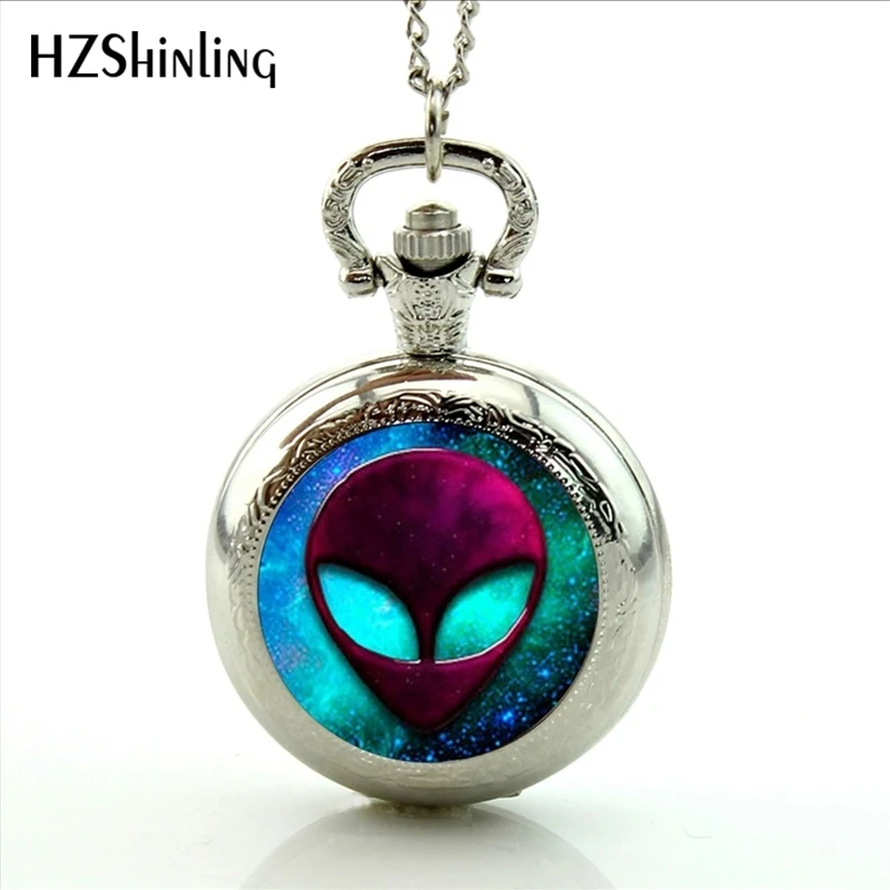 New Design UFO Alien Pocket Watch Glass Dome Outer Space Pocket Watch Necklace Pendant Bronze Science Accessories Collection