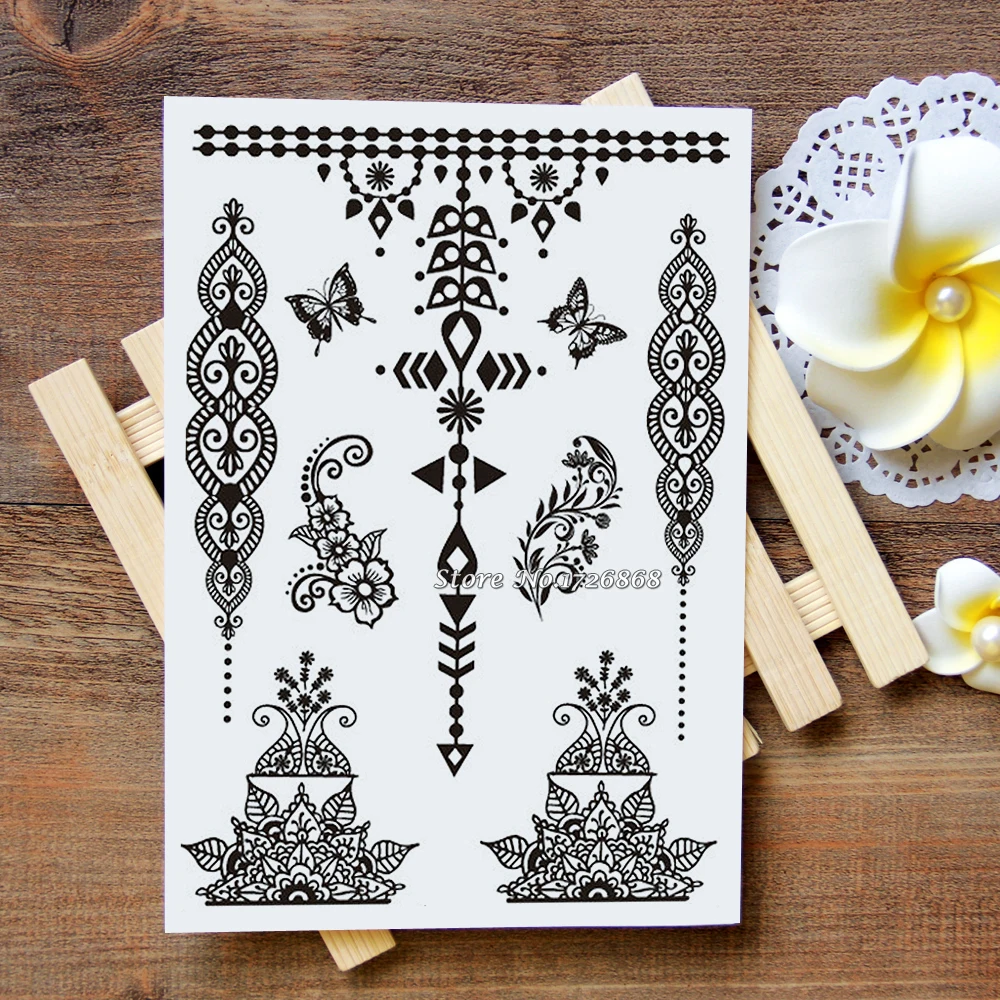 

Waterproof Metallic Gold Silver White Temporary Tattoo For Black India Henna Tattoo Love Flower Pattern #018