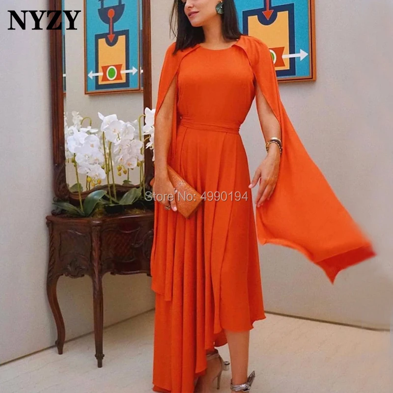 

NYZY C129 Chiffon Cape Sleeve Asymmetrical Orange Robe Cocktail Party Dress vestido coctel 2019 Galajurk