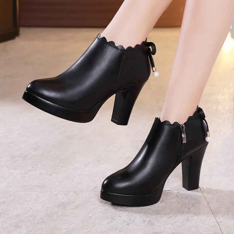 GKTINOO Women Leather Shoes Autumn Pointed Toe Platform Female Pumps Casual Square High Heels Ladies Single Shoes Plus Size