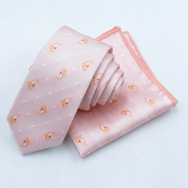 Light Orange Pink Male Marry Skinny Men Leisure Cartoon Style Neck Dolphin 6cm Tie Matching Pocket Square