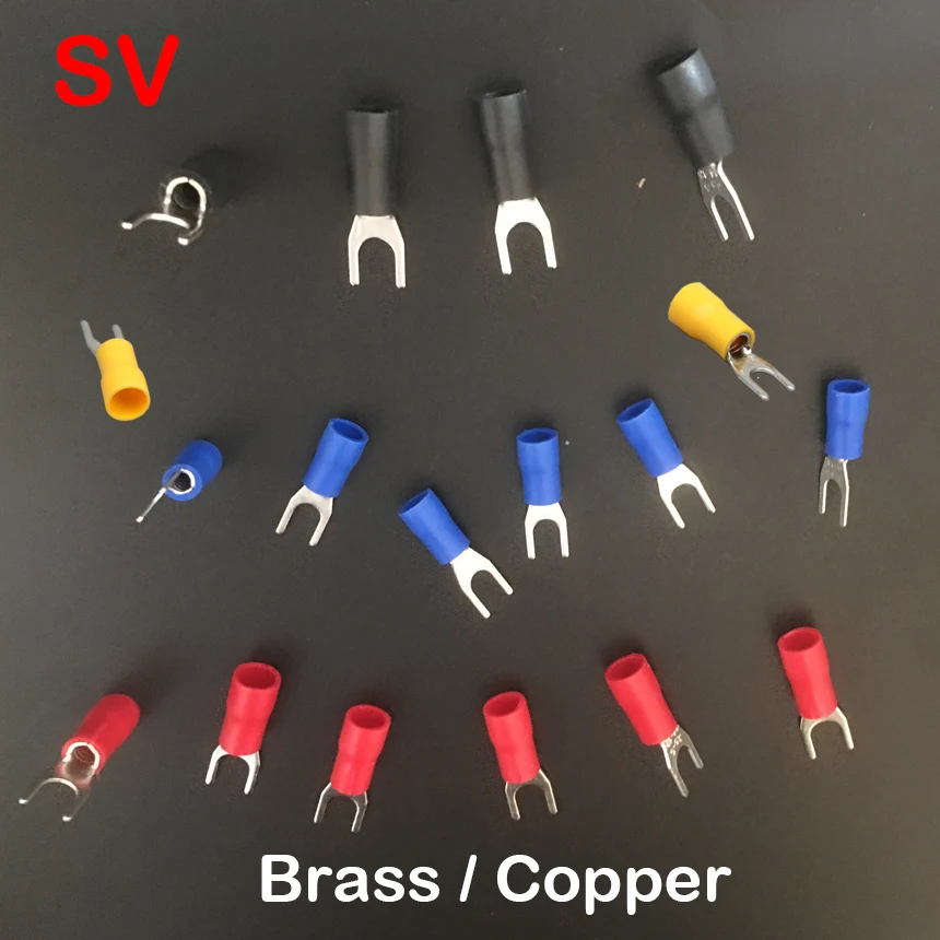 SV1.25-5 SV1.25-6 Blue Black Red Yellow Green U Spade Fork Brass Copper Lug Splice Insulated Cable Wire Connector Crimp Terminal