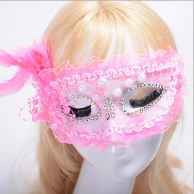 Halloween Personality Party Masquerade Show Princess Lace Venetian Mask Translucent Cutout Half Face Pearl Feather Mask10p