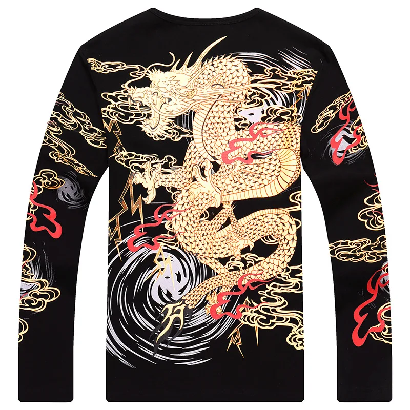 Creative Chinese Dragon Print Fashion Luxury Long Sleeve T Shirt Spring New Quality Cotton Men Designer Clothes Casual Camisetas