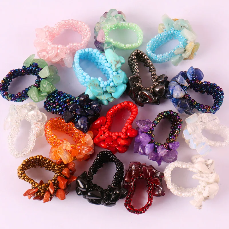 Crystal/Coral/Agate/Sodalite/Turquoise/Opal Stone Elastic Finger Ring Stretch (10pcs/lot) Size 8-9 Jewelry For Woman Gift