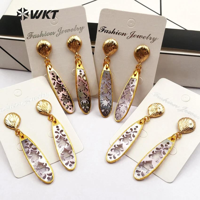 

WT-E417 WKT 24K Metal Plated Dangle Dedicate Jewelry Natural Shell Hollow Pattren Elegant Shell Earrings For Women Decoration