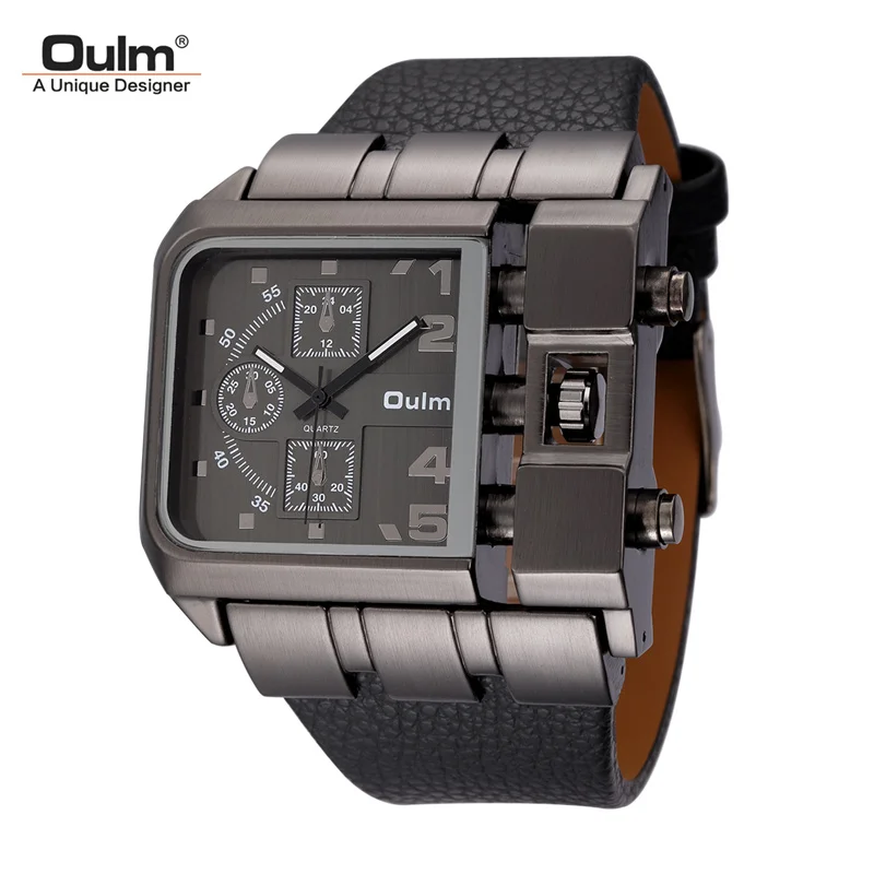 Oulm 3364 Big Size Men\'s Square Watches Male Quartz Clock Casual Leather Wristwatch Luxury Brand Military Watch reloj hombre